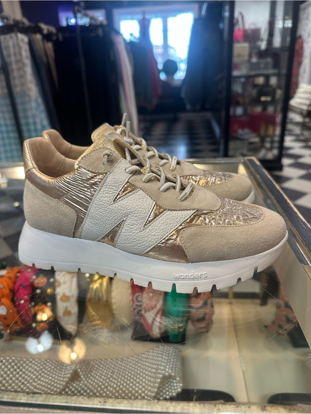 Wonders Beige Metallic Lace-Up Women’s Sneakers